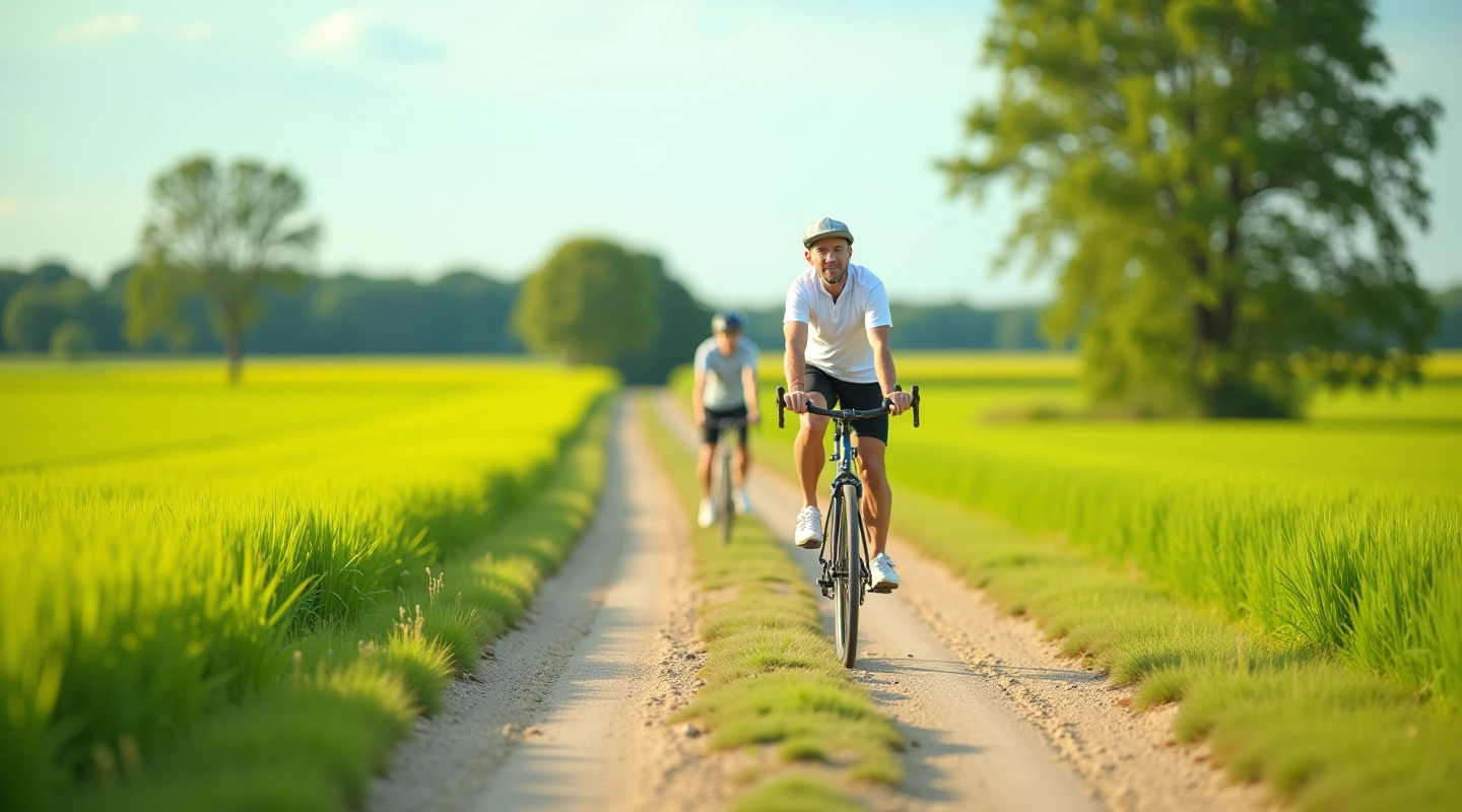 Seniora velosipēdists uz lauku ceļa, zaļa ainava apkārt, skaidra vasaras diena